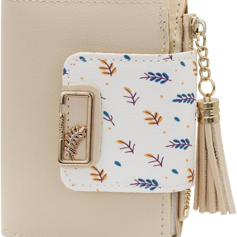 Women Wallet PU Leather Bifold with Tassel Wheat Pattern 5 Card Slots ID